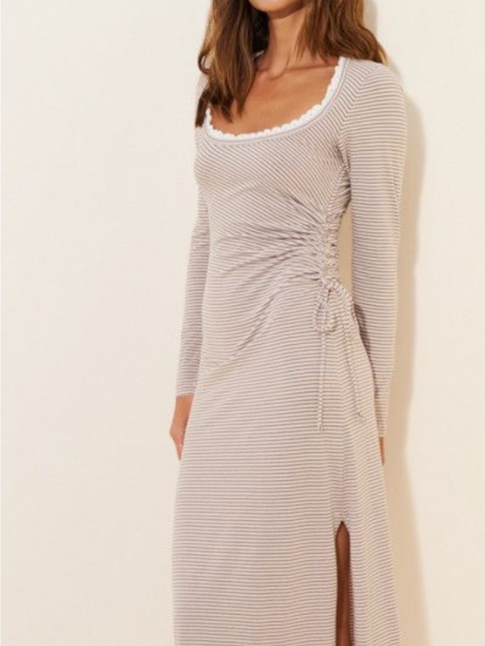 Striped Long-Sleeve Ruched Maxi Dress in Beige & White by Anthropologie